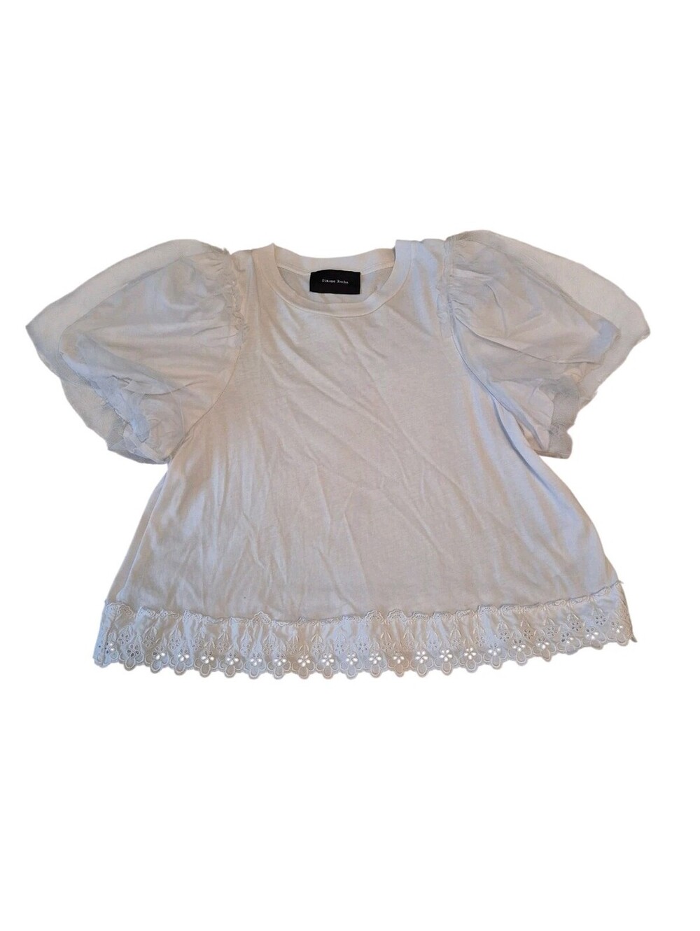 Simone Rocha White Eyelet Lace Trim Tulle Puff Sleeved T-Shirt Small